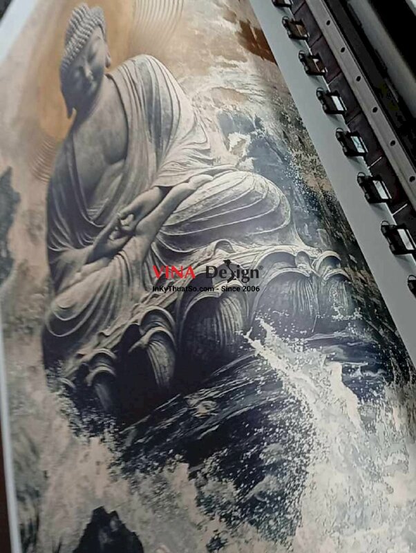 In tranh tượng Phật tone màu trung tính, trầm lạnh Earth tone, in vải Canvas mực dầu mờ - INKTS2361