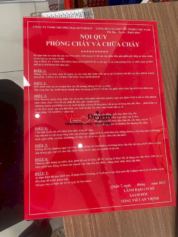 In bảng nội quy Phòng cháy và Chữa cháy PCCC từ Mica trong in UV ngược, lót trắng full nền - INKTS2365