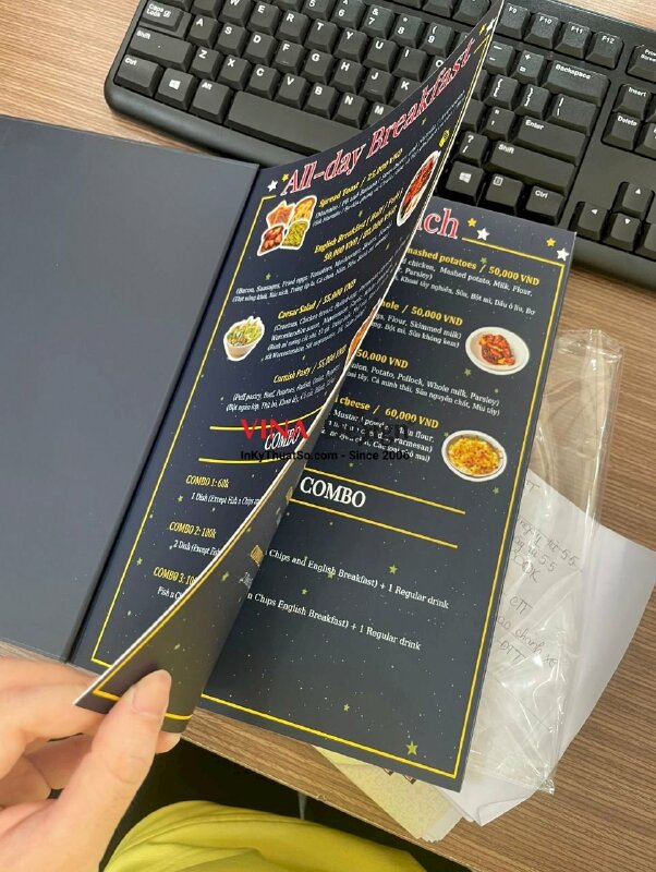 In menu bìa carton khổ A4, cán mờ, đóng ghim inox - INKTS290