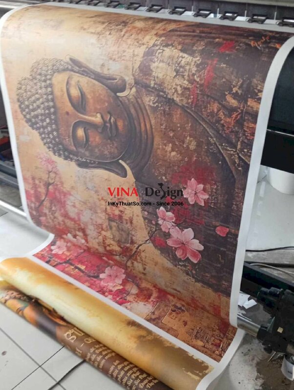 In tranh tượng Phật vải Canvas Diện Phật & hoa đào đỏ 3D in khổ lớn mực dầu bóng - INKTS2737