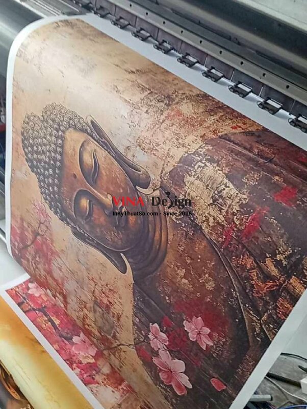 In tranh tượng Phật vải Canvas Diện Phật & hoa đào đỏ 3D in khổ lớn mực dầu bóng - INKTS2737