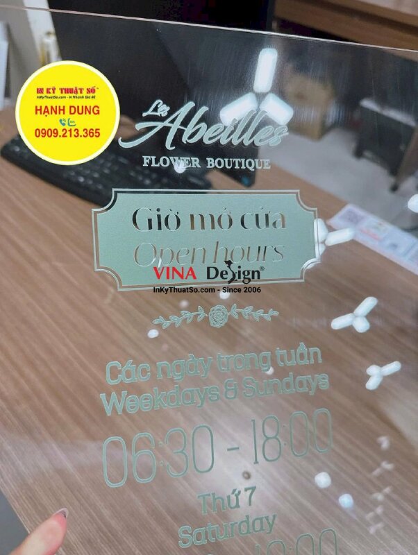 Làm bảng hiệu Mica thông tin giờ làm việc, thời gian hoạt động, giờ mở cửa, Open hours - INKTS2389