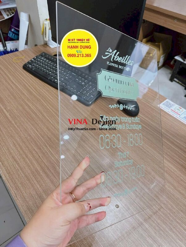 Làm bảng hiệu Mica thông tin giờ làm việc, thời gian hoạt động, giờ mở cửa, Open hours - INKTS2389