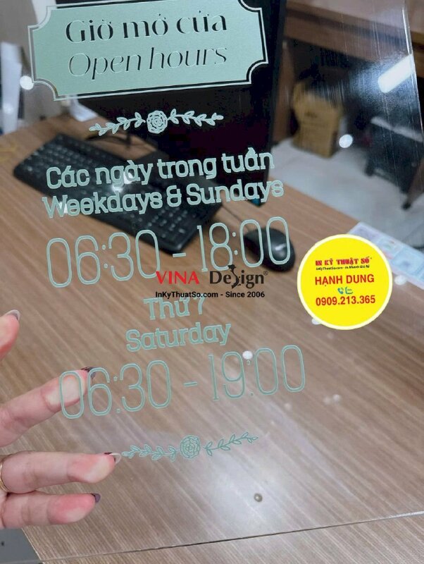 Làm bảng hiệu Mica thông tin giờ làm việc, thời gian hoạt động, giờ mở cửa, Open hours - INKTS2389