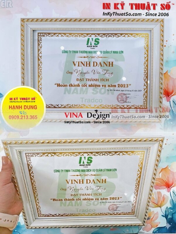 In bằng khen công ty vinh danh nhân viên đạt thành tích Hoàn thành tốt nhiệm vụ năm (lồng sẵn khung hoa văn) - INKTS1118