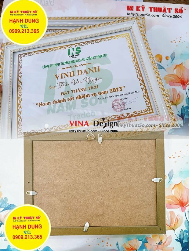 In bằng khen công ty vinh danh nhân viên đạt thành tích Hoàn thành tốt nhiệm vụ năm (lồng sẵn khung hoa văn) - INKTS1118