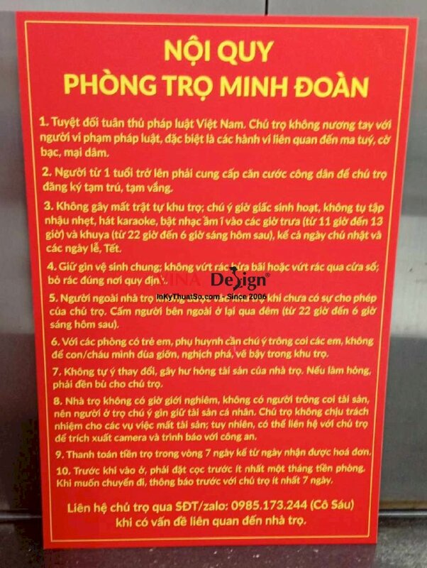In bảng nội quy phòng trọ, in PP cán formex - INKTS2759