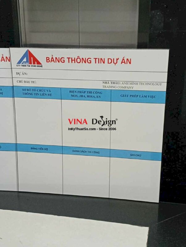 In bảng thông tin dự án, chủ đầu tư, nhà thầu, sơ đồ tổ chức và thông tin liên hệ, bảng tiến độ, bảng Formex cán mờ - INKTS2758