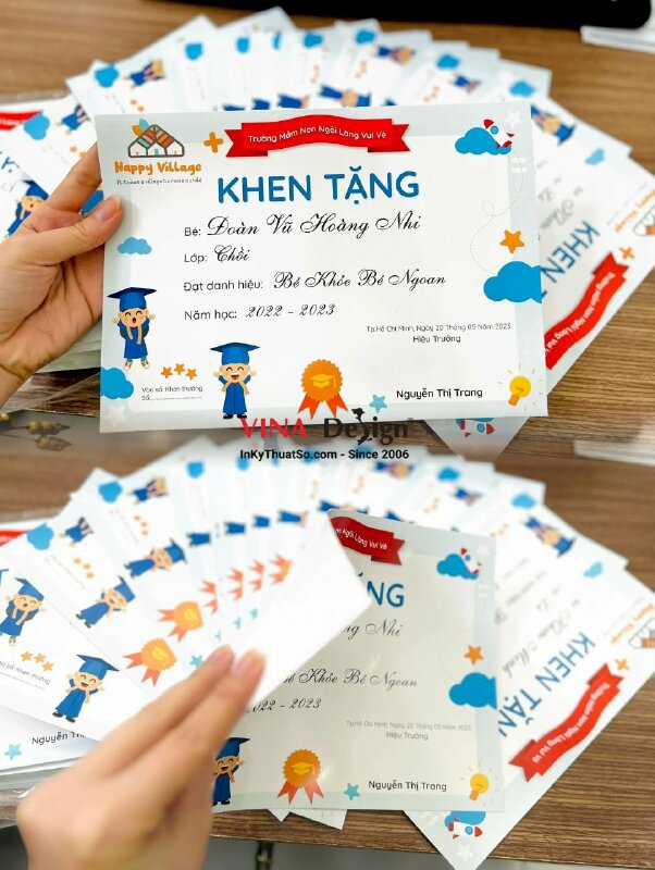 In giấy khen 1 mặt chất liệu C300gsm, giấy khen mầm non Bé Khỏe Bé Ngoan - INKTS373