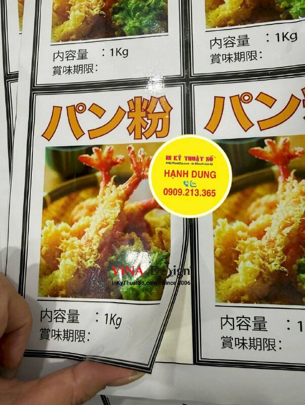 In tem nhãn dán bịch bột chiên xù 1kg, in decal sữa mực dầu, cán bóng, bế theo viền - INKTS3691
