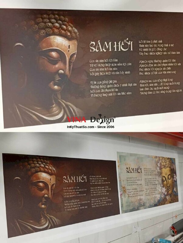 In tranh Diện Phật và Bài kệ Sám Hối tiêu nghiệp, in Canvas khổ lớn mực dầu - INKTS3685