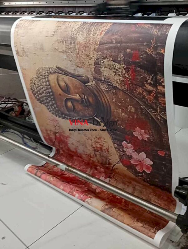 In tranh tượng Phật vải Canvas Diện Phật & hoa đào đỏ 3D in khổ lớn mực dầu bóng - INKTS2737