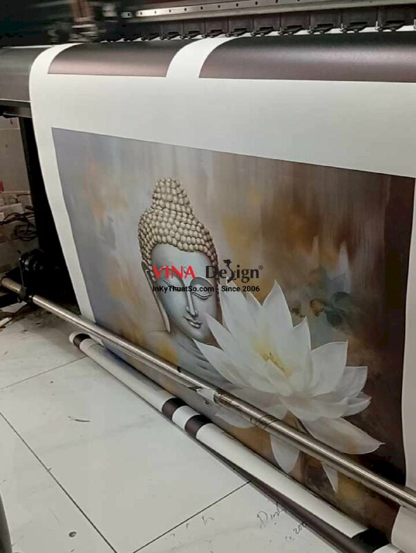 In tranh vải Canvas Diện Phật & hoa sen trắng in khổ lớn mực dầu bóng - INKTS3281
