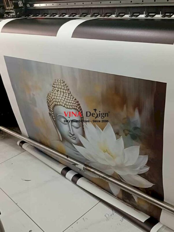 In tranh vải Canvas Diện Phật & hoa sen trắng in khổ lớn mực dầu bóng - INKTS3281