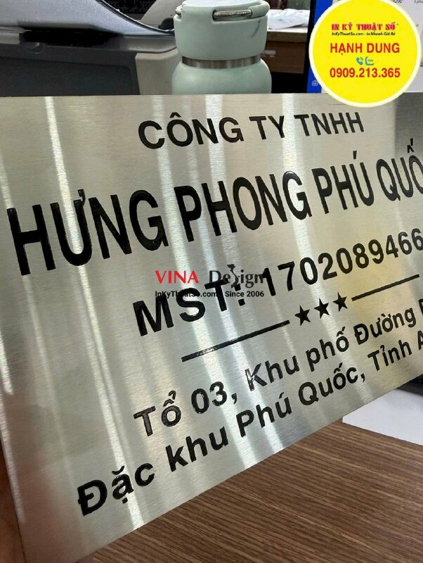 In UV trên nhôm xước Bảng tên công ty, làm bảng inox ăn mòn theo nội dung, hàng gửi đi An Giang từ TPHCM - INKTS3692