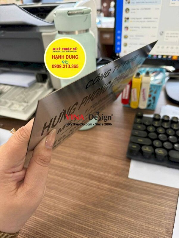 In UV trên nhôm xước Bảng tên công ty, làm bảng inox ăn mòn theo nội dung, hàng gửi đi An Giang từ TPHCM - INKTS3692