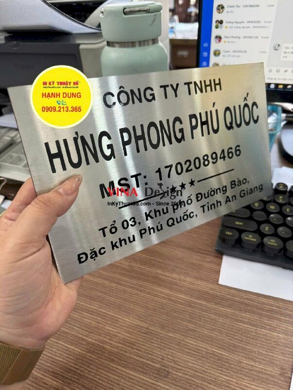 In UV trên nhôm xước Bảng tên công ty, làm bảng inox ăn mòn theo nội dung, hàng gửi đi An Giang từ TPHCM - INKTS3692