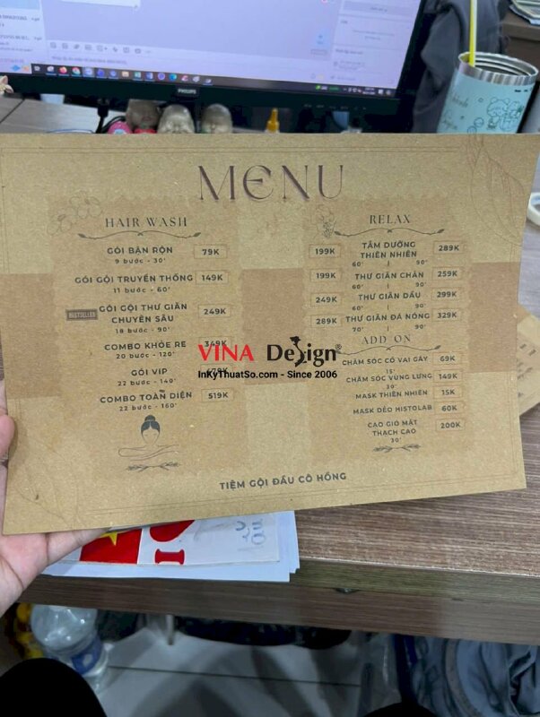 In bảng giá dịch vụ gội đầu dưỡng sinh khổ A4, in lẻ menu cho tiệm gội đầu giấy Kraft nâu - INKTS3722