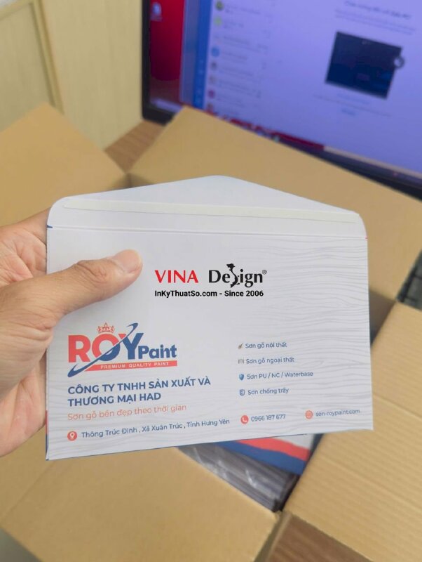 In bao thư 11cm x 18cm giấy Ford 120gsm, in Offset mặt ngoài, có keo nắp cho công ty sơn gỗ - INKTS3716