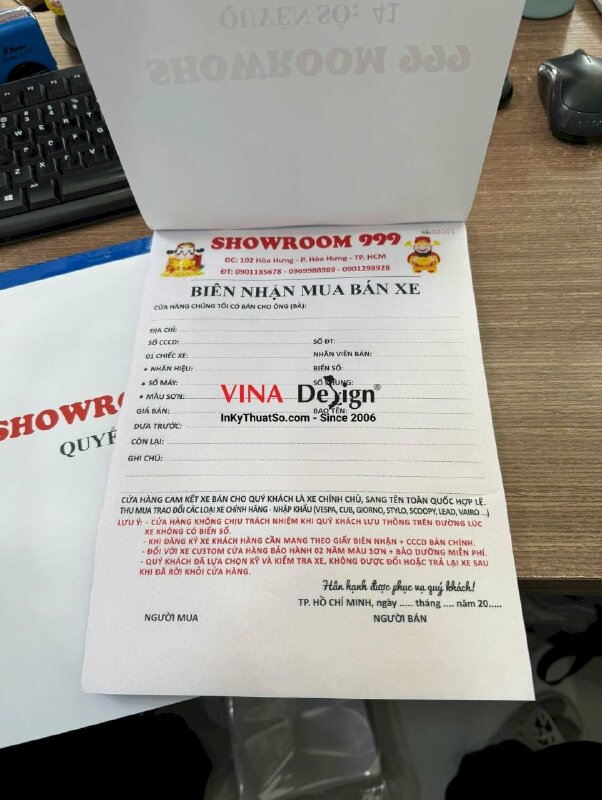 In biên nhận mua bán xe dạng quyển, cấn răng cưa, đánh số nhảy, biểu mẫu 2 liên trắng hồng giấy Carbonless - INKTS3757