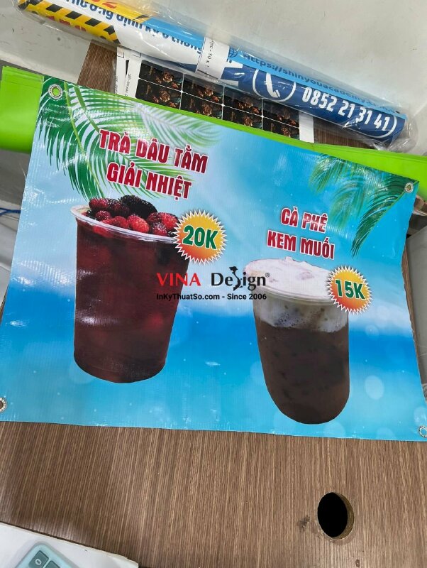 In menu ngoài trời quán nước, Hiflex 3.2dzem, dán 2 mặt, đóng khoen 4 góc - INKTS305