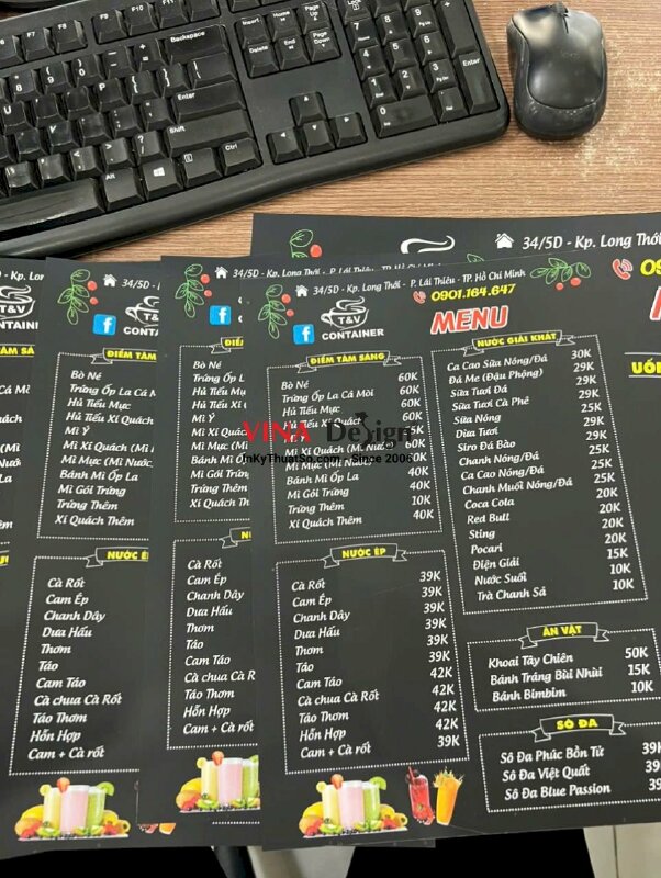 In menu nhựa mỏng cầm tay quán Container Coffee, in ép mờ cắt hình chữ nhật - INKTS3720