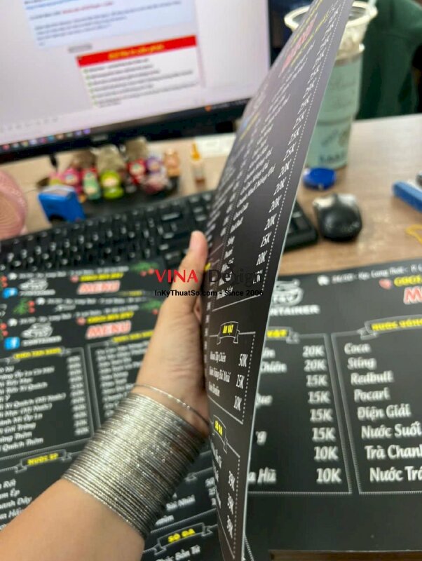 In menu nhựa mỏng cầm tay quán Container Coffee, in ép mờ cắt hình chữ nhật - INKTS3720