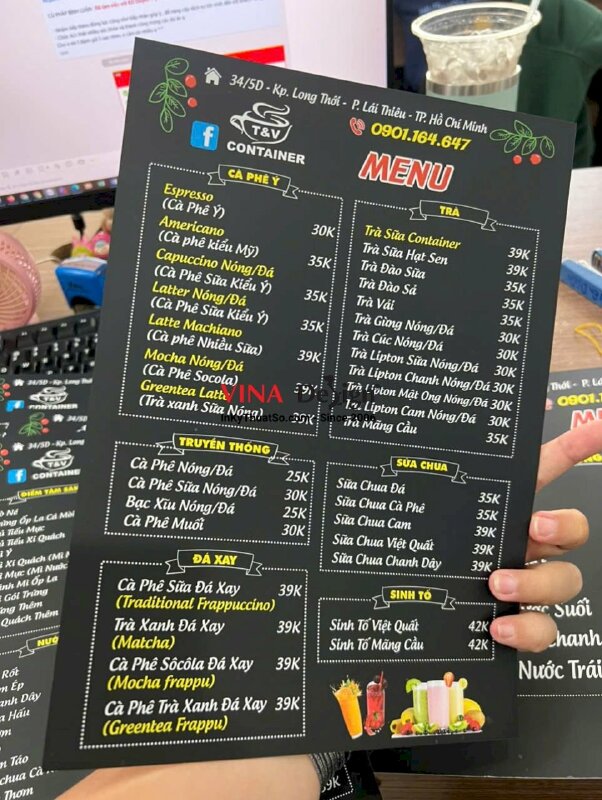 In menu nhựa mỏng cầm tay quán Container Coffee, in ép mờ cắt hình chữ nhật - INKTS3720