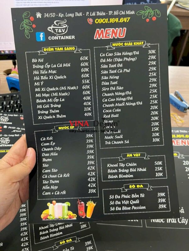 In menu nhựa mỏng cầm tay quán Container Coffee, in ép mờ cắt hình chữ nhật - INKTS3720