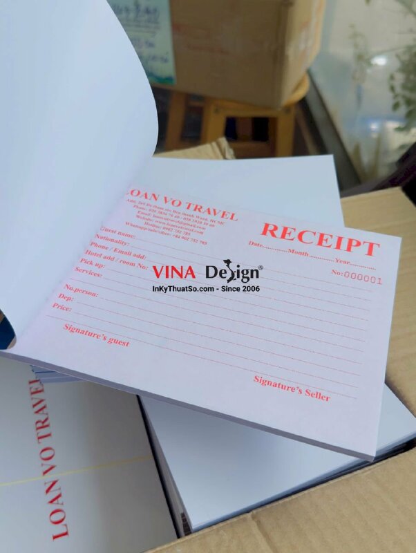 In quyển biên lai Receipt tiếng Anh cho công ty du lịch, lữ hành Travel - INKTS3724