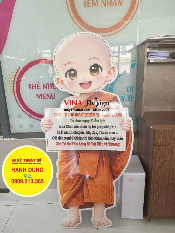 In standee mô hình Chú Tiểu cao 160cm sự kiện Khóa Tu hàng tháng tại Chùa - INKTS3739