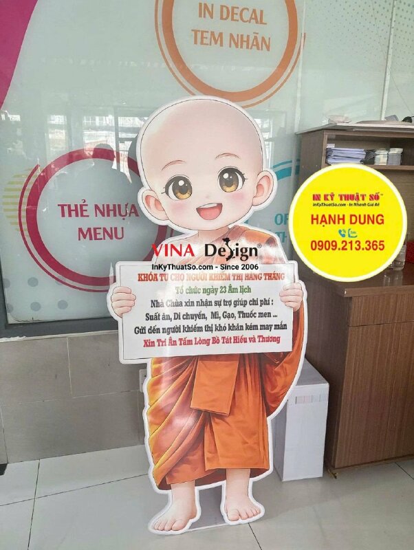In standee mô hình Chú Tiểu cao 160cm sự kiện Khóa Tu hàng tháng tại Chùa - INKTS3739