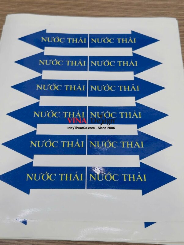In tem nhãn sticker mũi tên chỉ dẫn Khí Bùn Nước Thải, decal sữa mực dầu cán bóng - INKTS3707