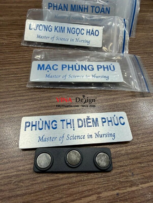 Làm bảng tên Inox xước in UV chức danh Master of Science in Nursing Thạc sĩ Khoa học Điều dưỡng (MSN) - INKTS3747
