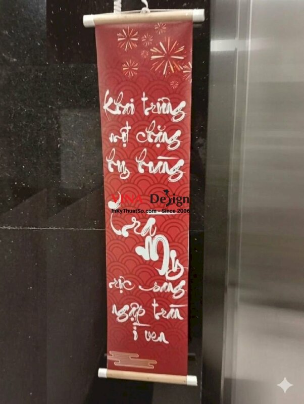 In liễn thư pháp Khai trương, vải Silk mực dầu bóng, nẹp gỗ 2 đầu - INKTS3784