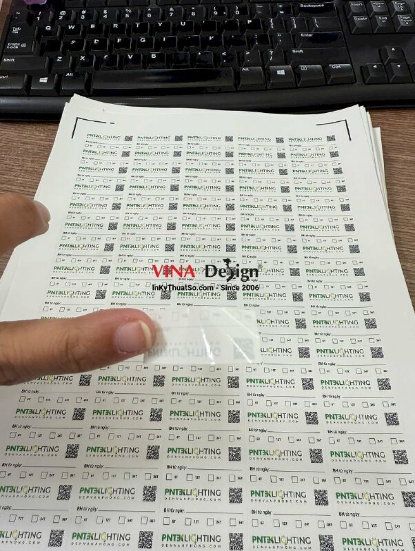In tem dai làm nhãn bảo hành đèn văn phòng, in laser, có bế theo viền dễ bóc dán - INKTS3790