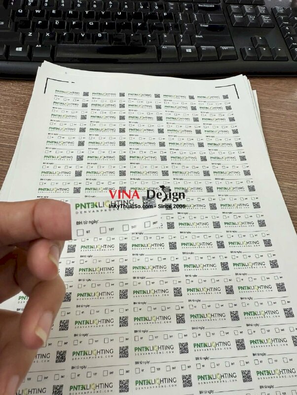 In tem dai làm nhãn bảo hành đèn văn phòng, in laser, có bế theo viền dễ bóc dán - INKTS3790