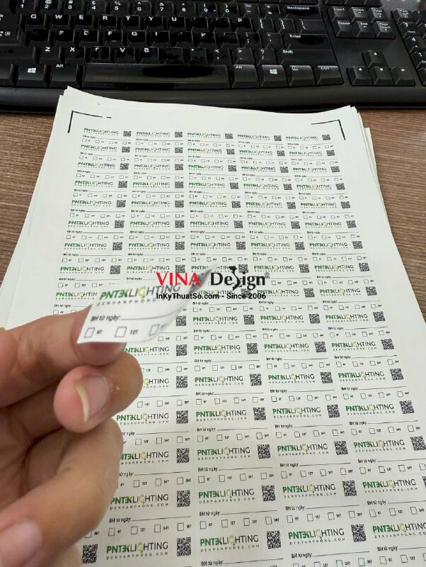 In tem dai làm nhãn bảo hành đèn văn phòng, in laser, có bế theo viền dễ bóc dán - INKTS3790