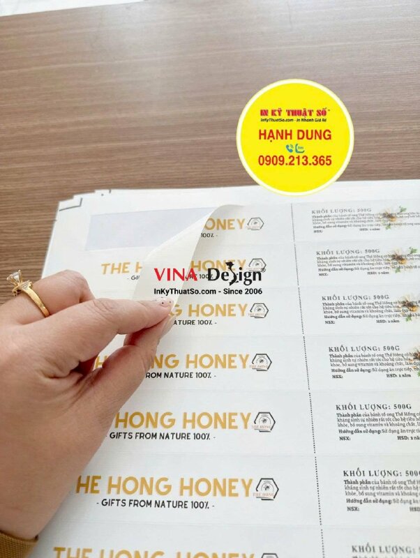 Làm nhãn dán chai mật ong, in tem PP đế giấy, không màng, bế hình chữ nhật - INKTS3803