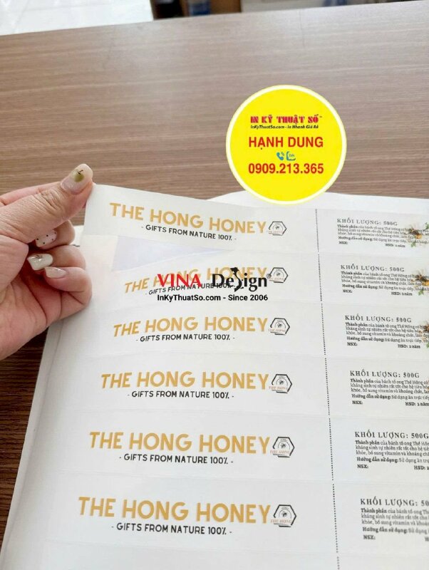 Làm nhãn dán chai mật ong, in tem PP đế giấy, không màng, bế hình chữ nhật - INKTS3803