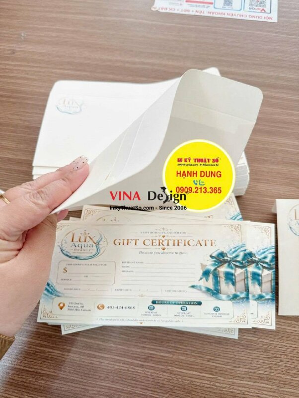 Set bao thư & voucher khai trương spa, in offset giấy mỹ thuật Sirio Color Milkshake, hàng in gửi đi Canada - INKTS3808