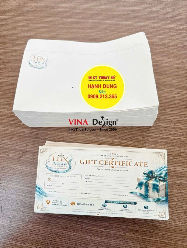 Set bao thư & voucher khai trương spa, in offset giấy mỹ thuật Sirio Color Milkshake, hàng in gửi đi Canada - INKTS3808
