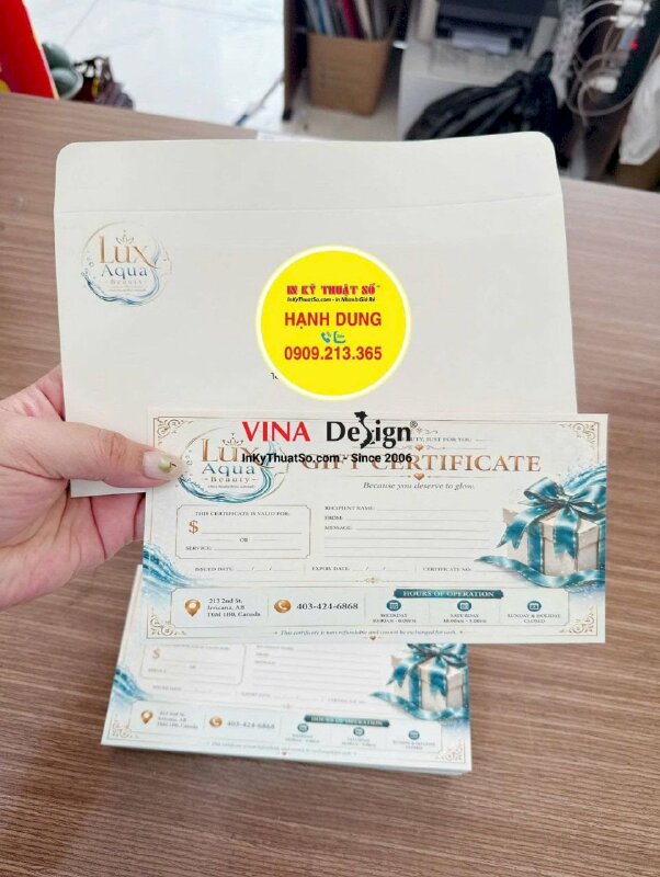 Set bao thư & voucher khai trương spa, in offset giấy mỹ thuật Sirio Color Milkshake, hàng in gửi đi Canada - INKTS3808