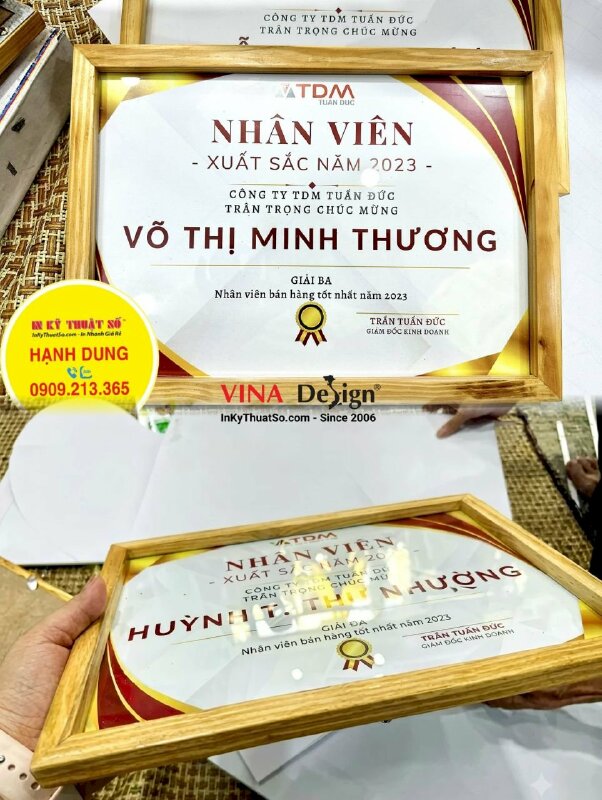 In bằng khen nhân viên bán hàng tốt nhất năm, giấy khen lồng sẵn khung gỗ mặt kính - INKTS1148