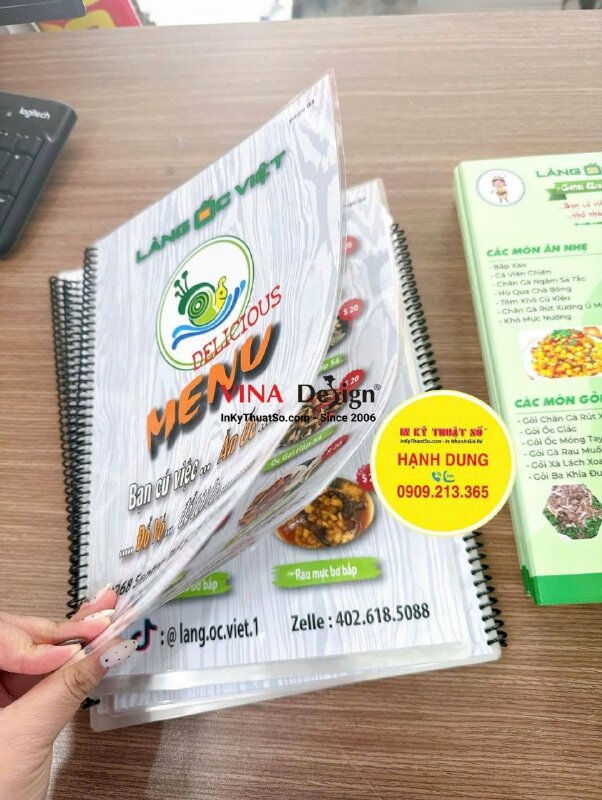 In menu quán ốc khổ A4 cầm tay, ép plastic cả cuốn, đóng gáy lò xo, hàng gửi đi California Mỹ từ TPHCM - INKTS3819