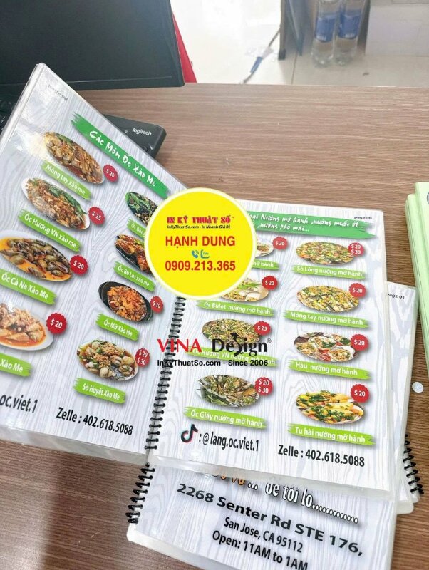 In menu quán ốc khổ A4 cầm tay, ép plastic cả cuốn, đóng gáy lò xo, hàng gửi đi California Mỹ từ TPHCM - INKTS3819
