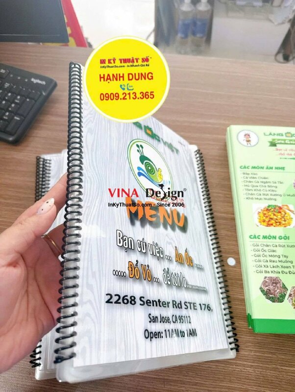 In menu quán ốc khổ A4 cầm tay, ép plastic cả cuốn, đóng gáy lò xo, hàng gửi đi California Mỹ từ TPHCM - INKTS3819