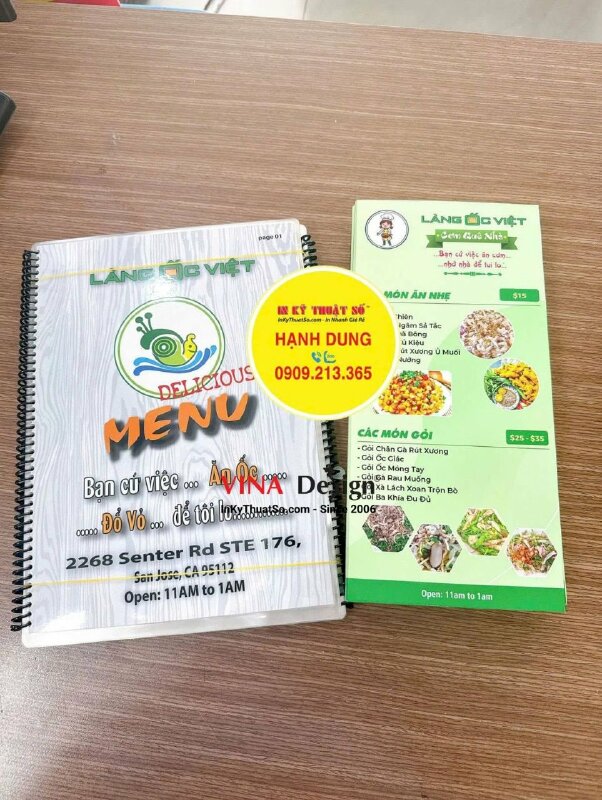In menu quán ốc khổ A4 cầm tay, ép plastic cả cuốn, đóng gáy lò xo, hàng gửi đi California Mỹ từ TPHCM - INKTS3819