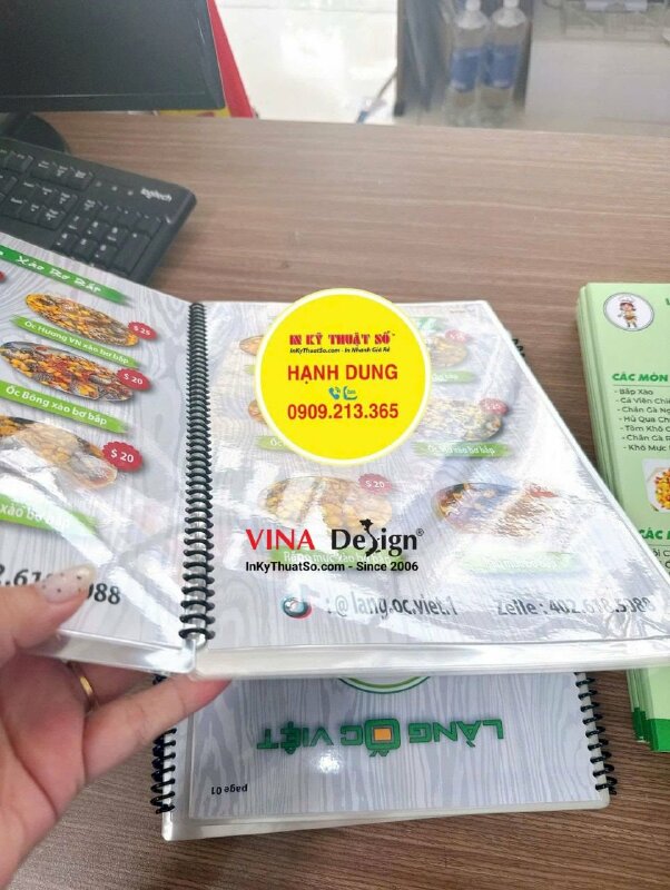 In menu quán ốc khổ A4 cầm tay, ép plastic cả cuốn, đóng gáy lò xo, hàng gửi đi California Mỹ từ TPHCM - INKTS3819