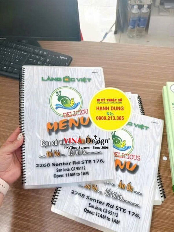 In menu quán ốc khổ A4 cầm tay, ép plastic cả cuốn, đóng gáy lò xo, hàng gửi đi California Mỹ từ TPHCM - INKTS3819